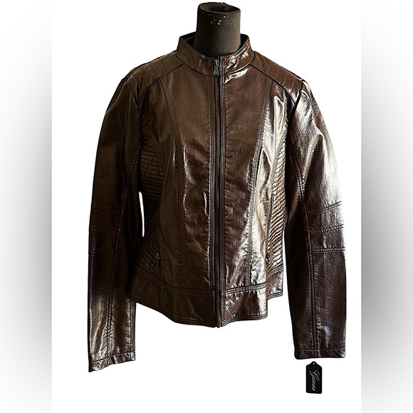 Guess Jackets & Blazers - GUESS WOMANS BROWN SNAKE SKIN FAUX LEATHER MOTORCYCLE JACKET SZXL